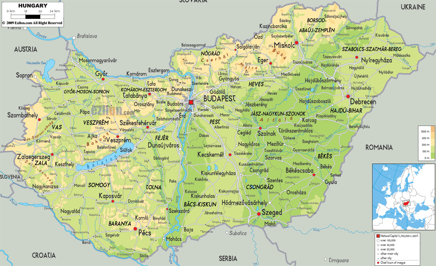 Mapa de Hungría con sus ciudades principales