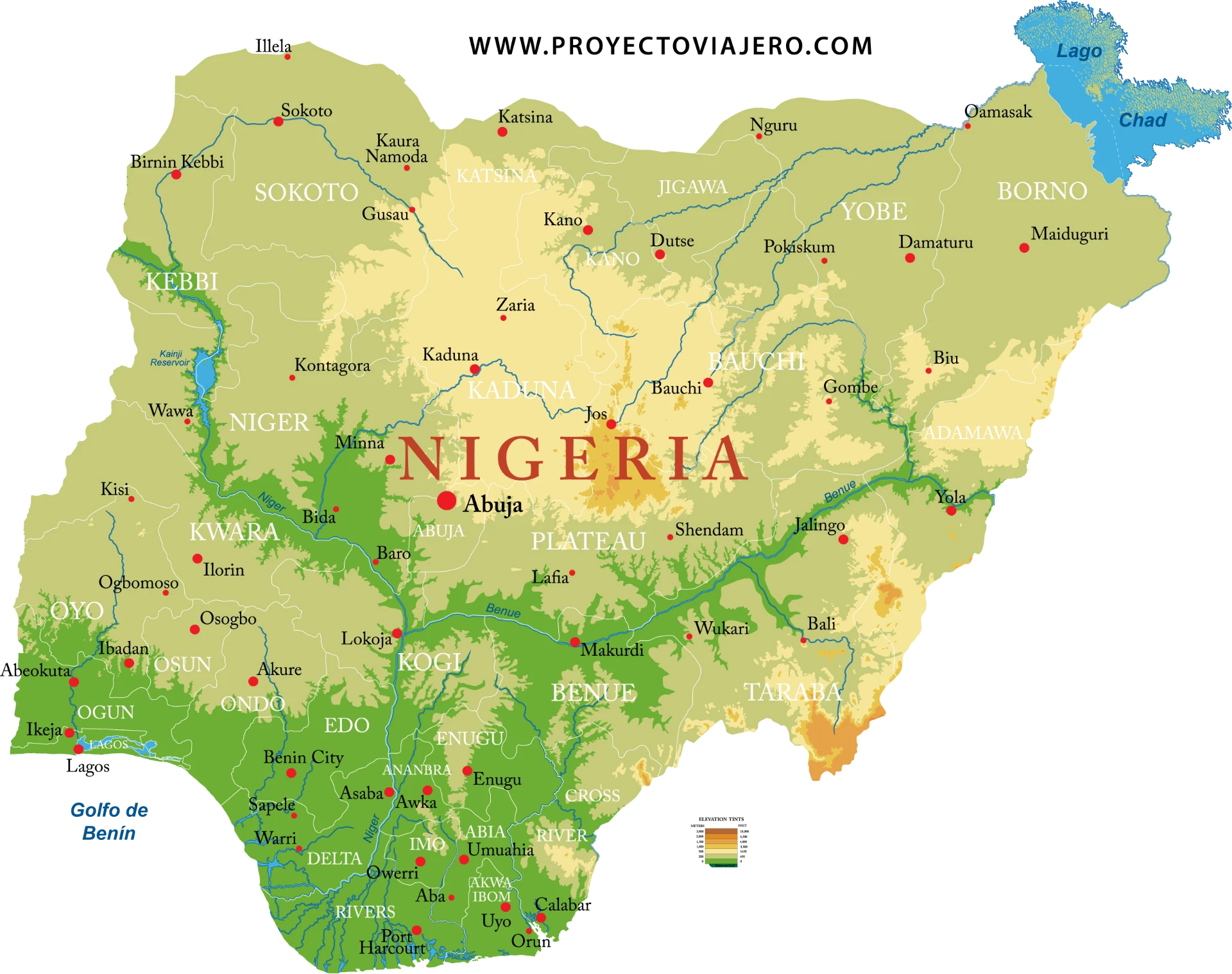 Mapa de Nigeria con sus ciudades principales