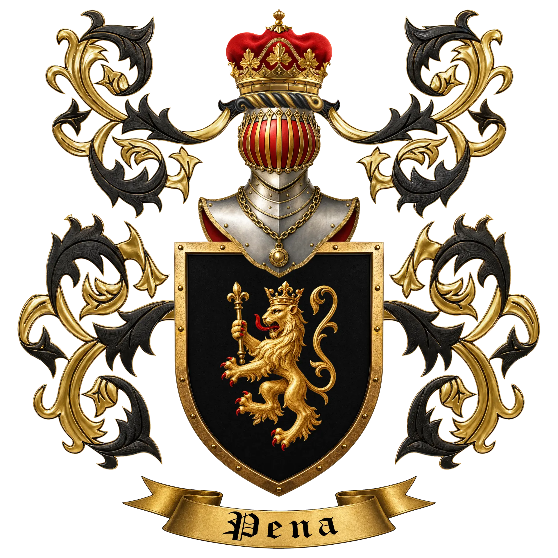 Escudo de armas de la Casa Pena con lambrequines de sable y oro