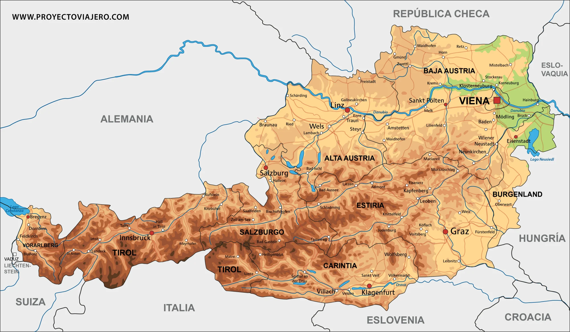 Mapa de Austria con sus ciudades principales