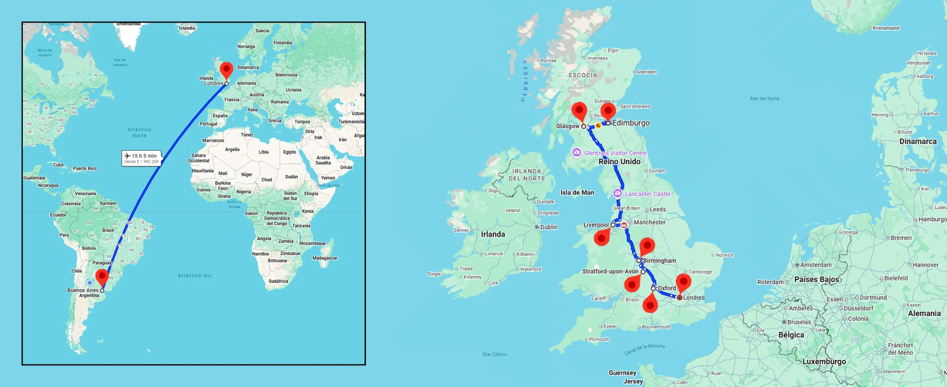 Mapa del recorrido terrestre desde Londres hasta Glasgow y Edimburgo pasando por Oxford, Birmingham y Liverpool