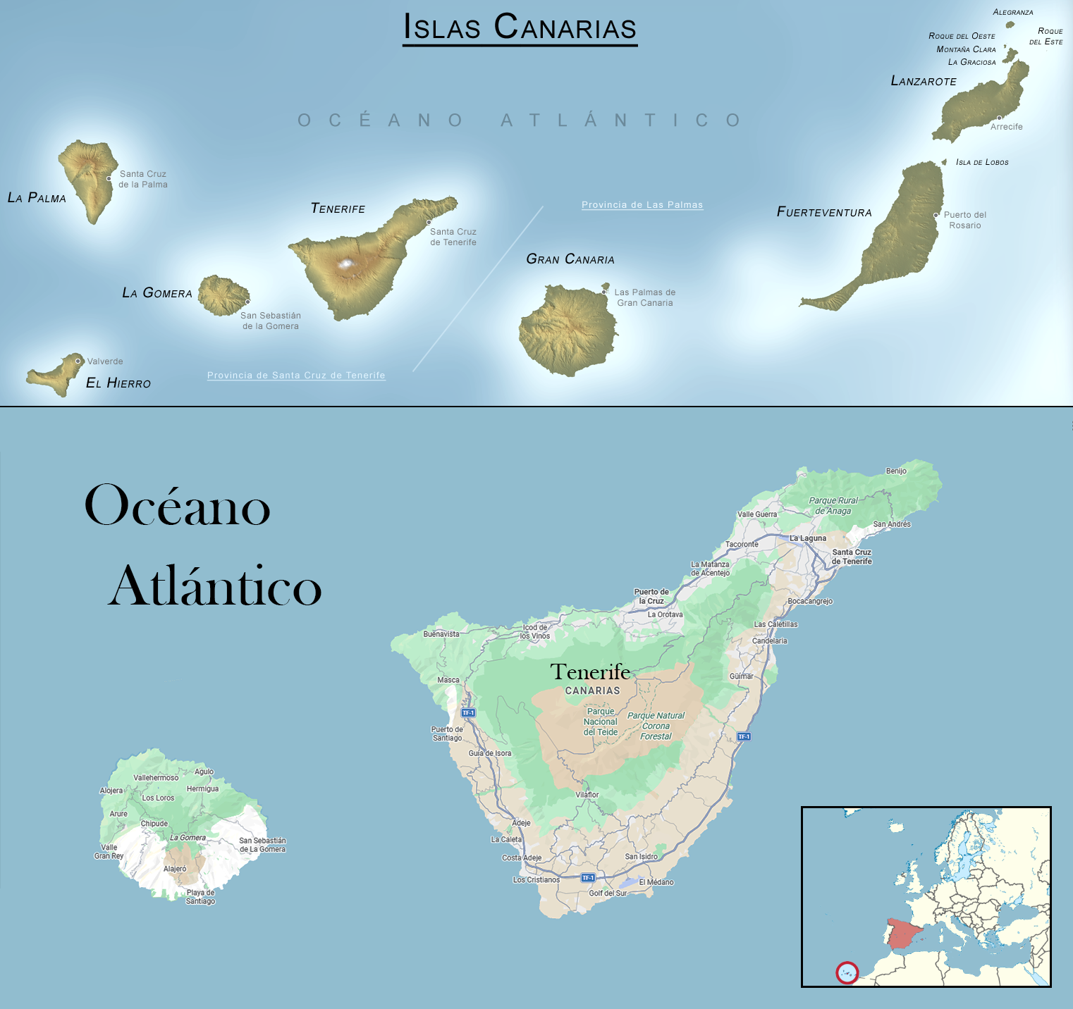 Mapa de Islas Canarias · Tenerife con sus ciudades principales