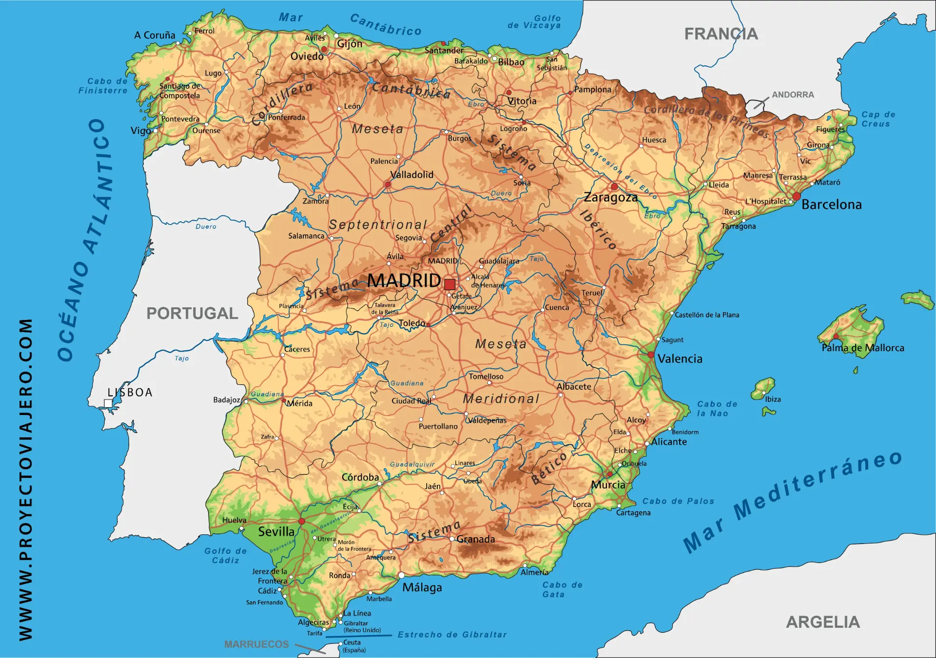 Mapa de España con sus ciudades principales