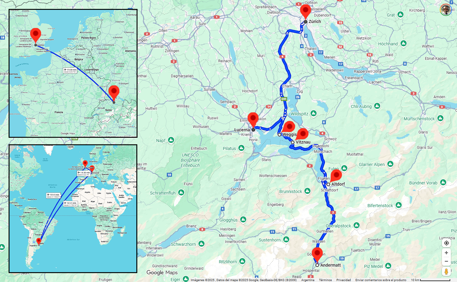 Mapa de la ruta por Suiza central desde Zúrich hasta Andermatt pasando por Lucerna, Weggis, Vitznau y Altdorf