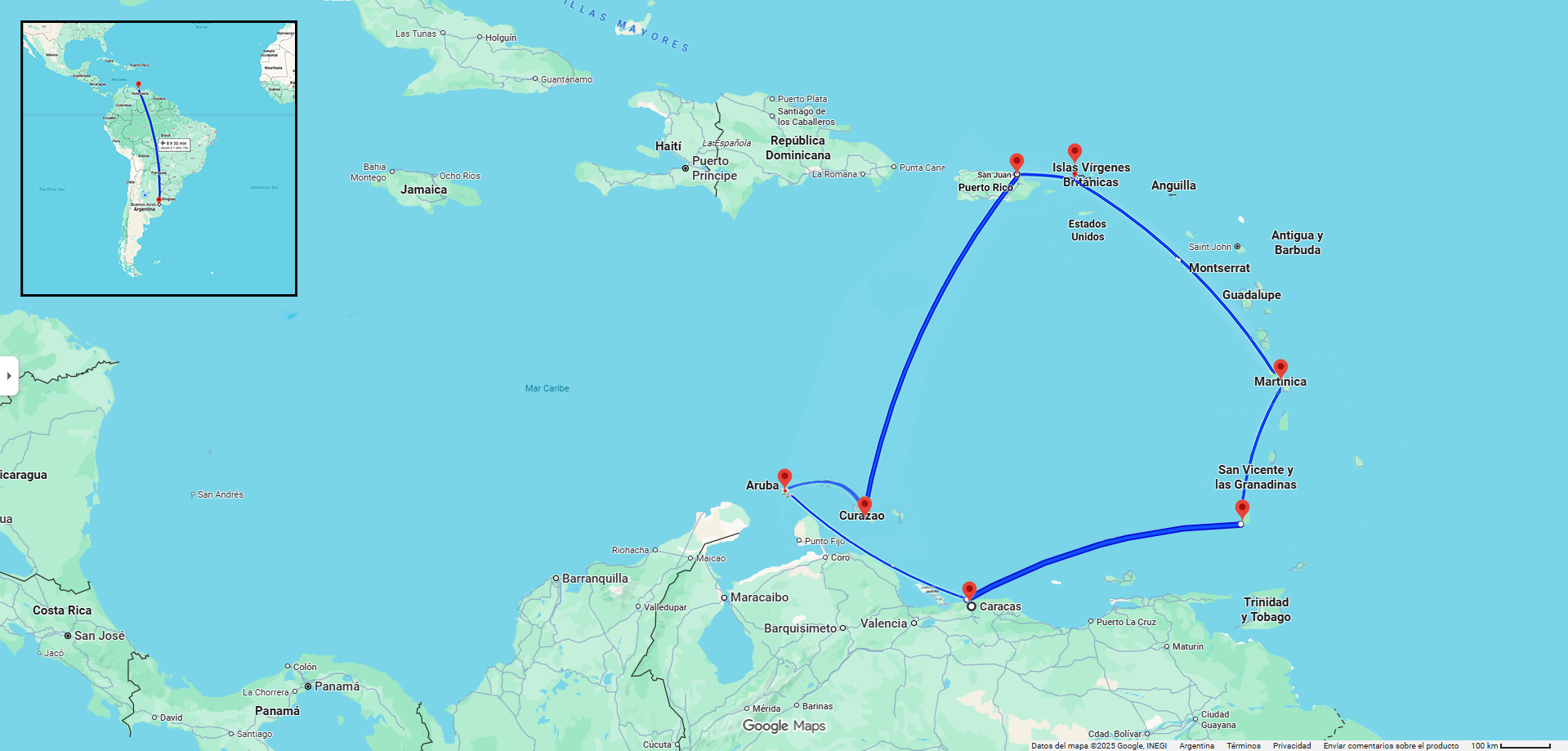 Mapa del recorrido por el Caribe conectando Caracas, Aruba, Curazao, Puerto Rico, Islas Vírgenes, Martinica y San Vicente
