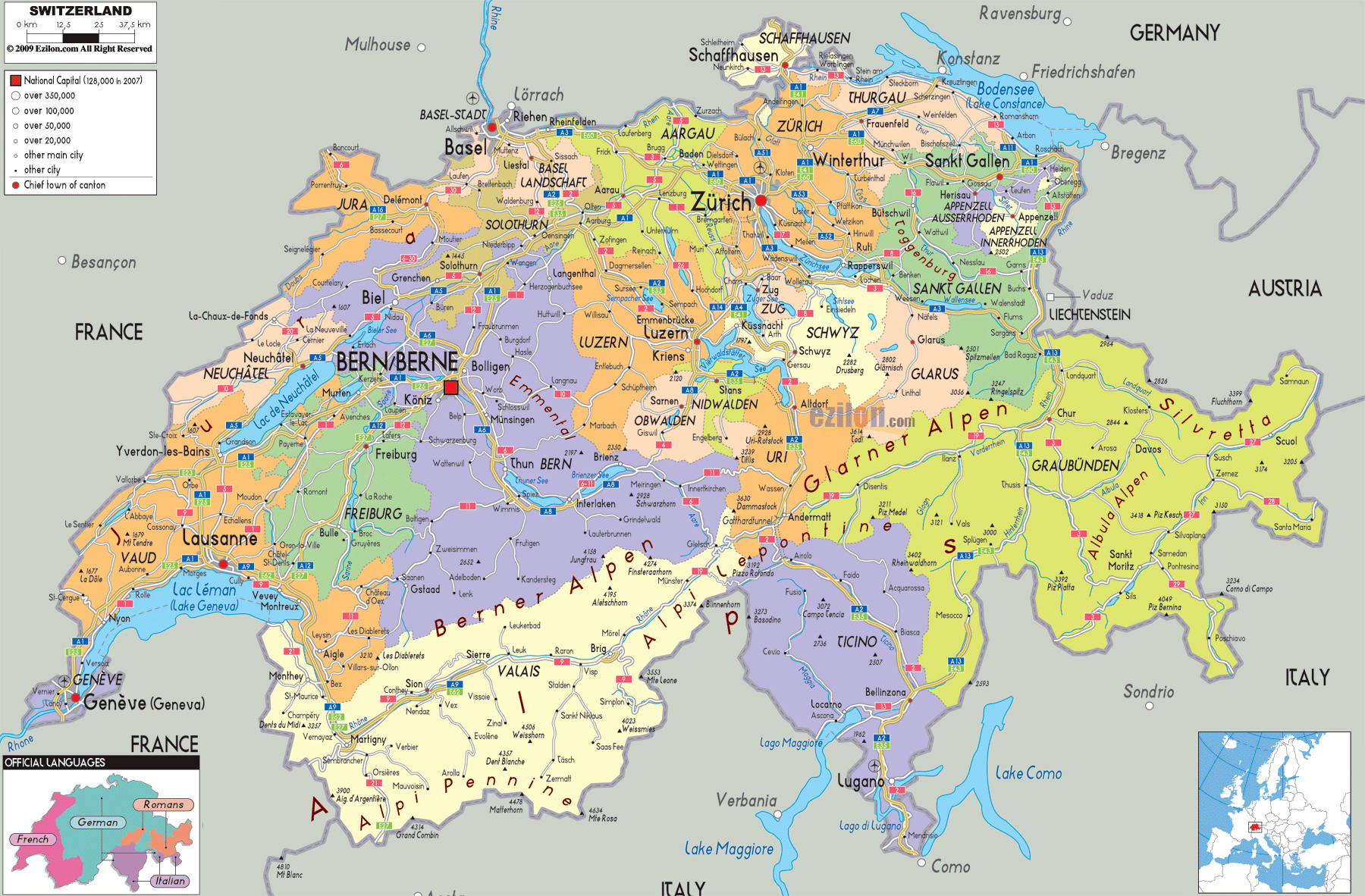 Mapa de Suiza con sus ciudades principales