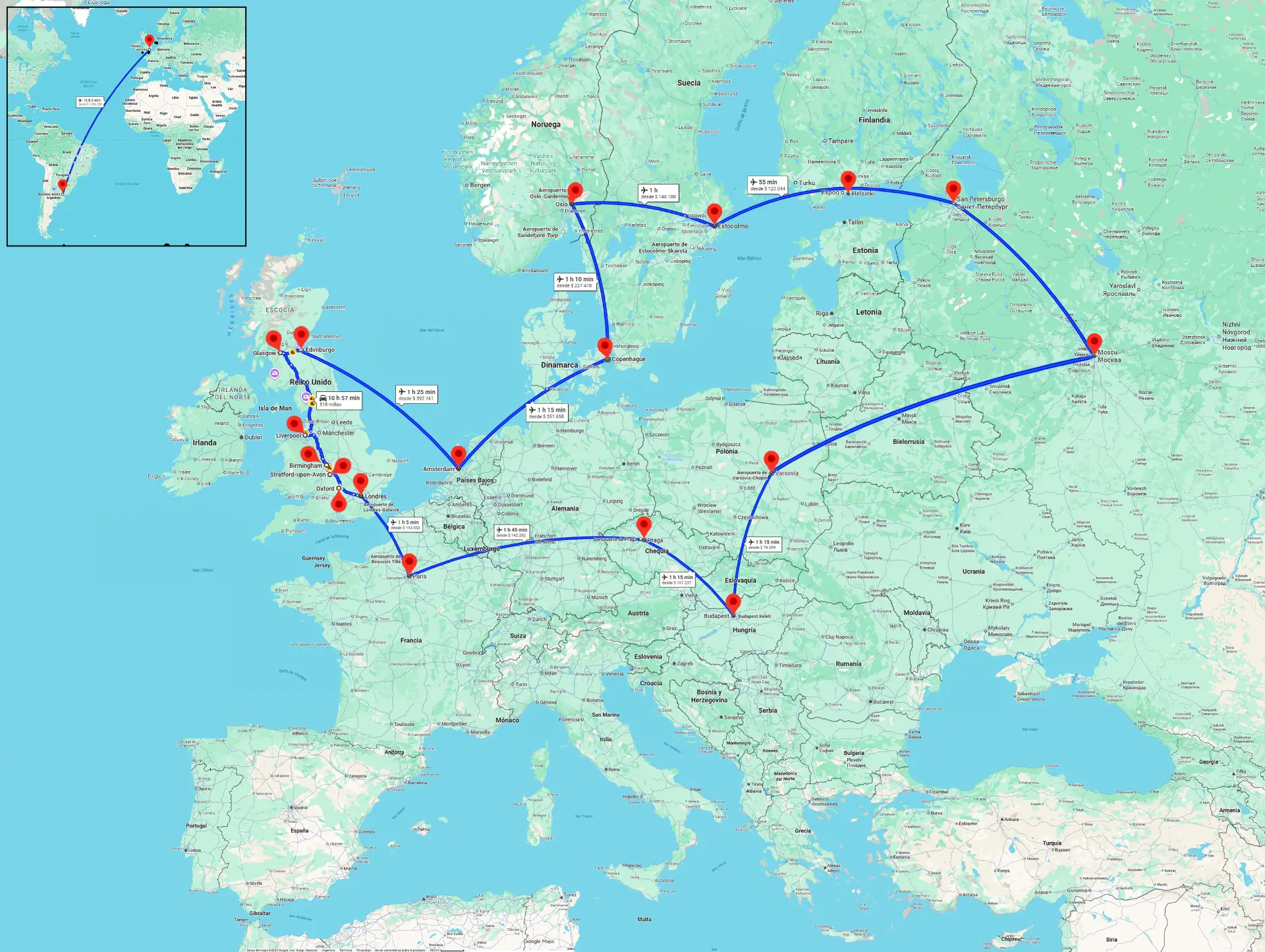 Mapa de vuelos por el norte y este de Europa conectando Glasgow, Ámsterdam, Copenhague, Oslo, Estocolmo, Helsinki, San Petersburgo, Moscú, Varsovia, Budapest, Praga y París