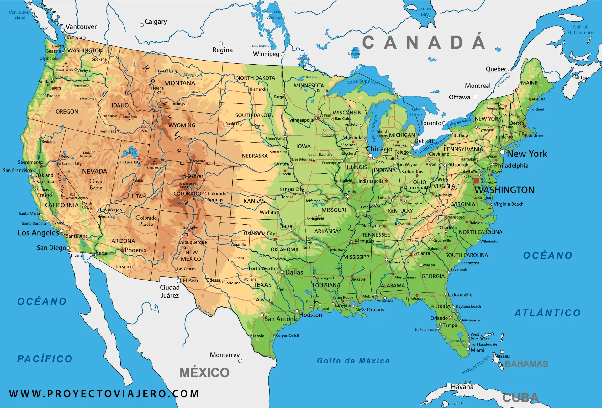Mapa de Estados Unidos con sus ciudades principales