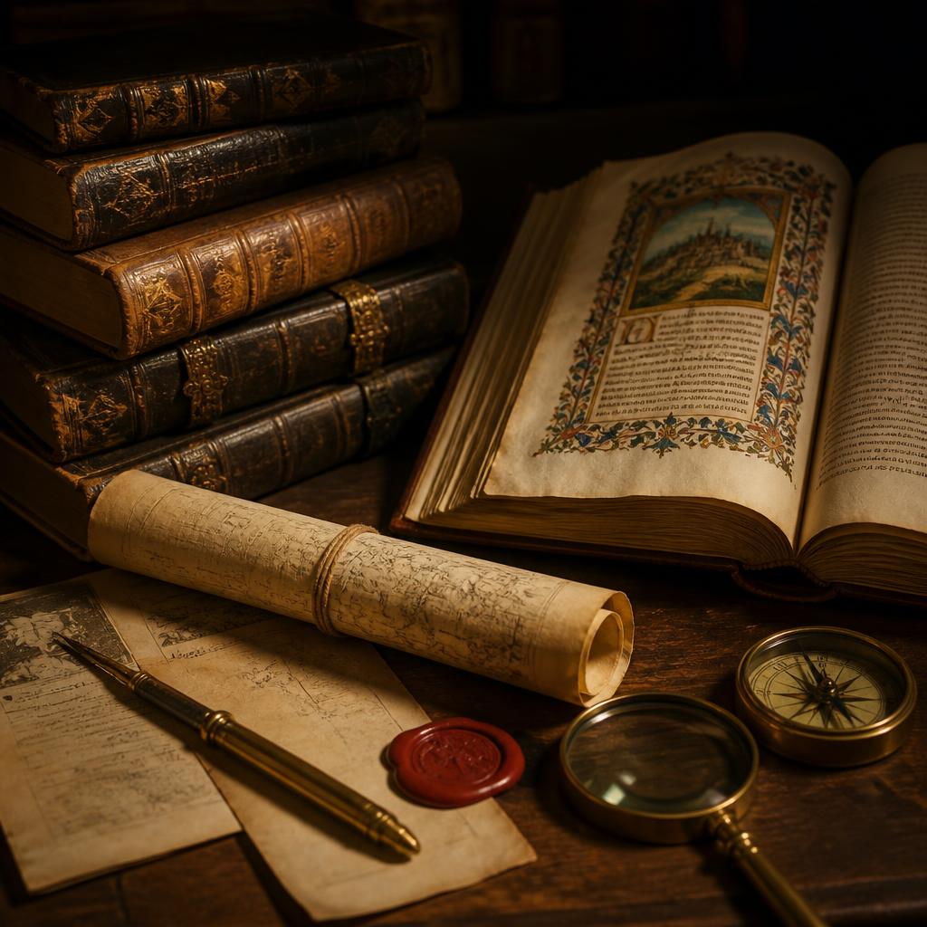 Escritorio de estudio con documentos y objetos de trabajo