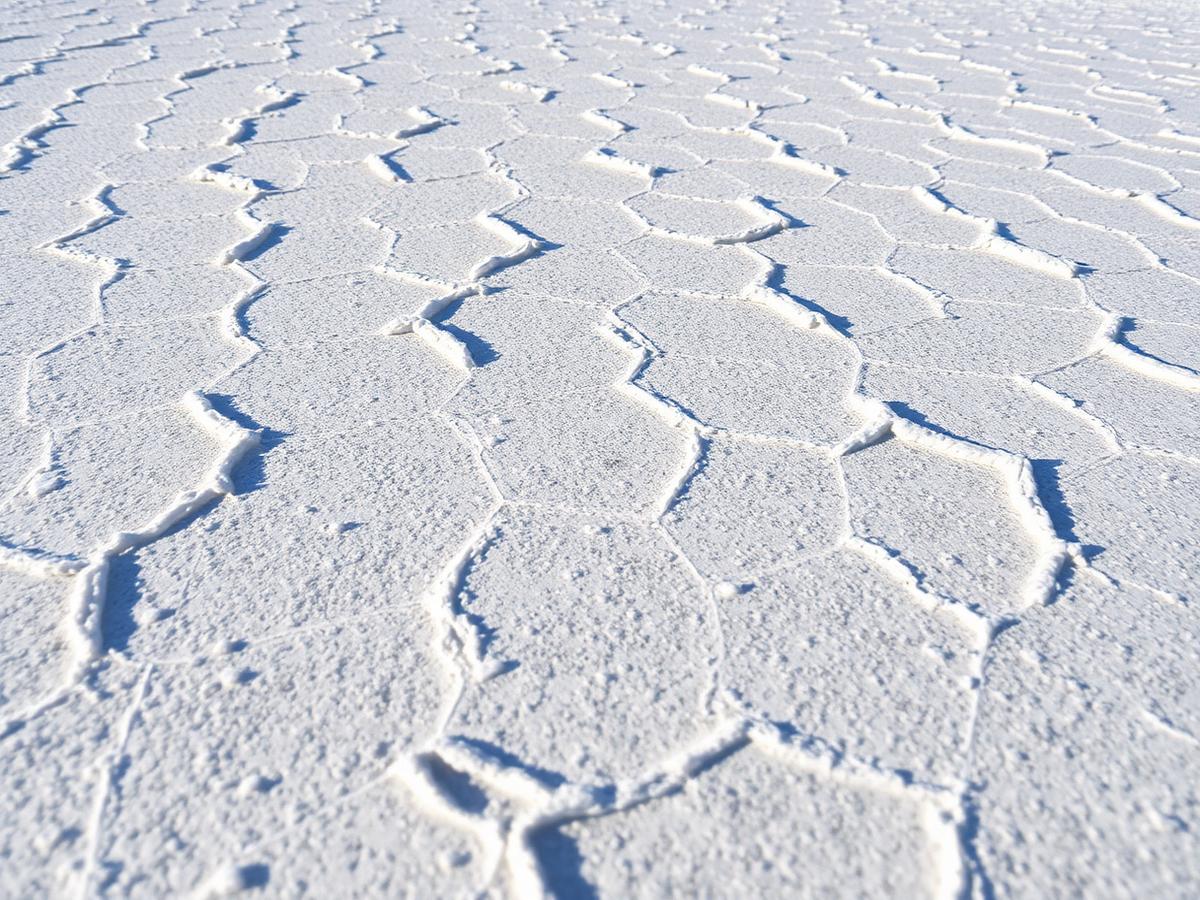 Patrones hexagonales de sal en la superficie del salar