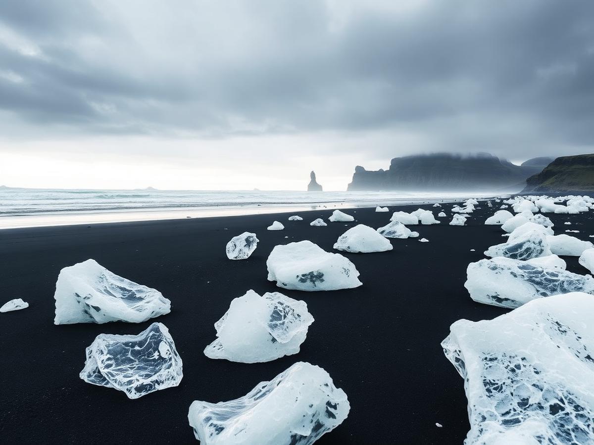 Playa de arena negra con bloques de hielo bajo cielo nublado en Islandia