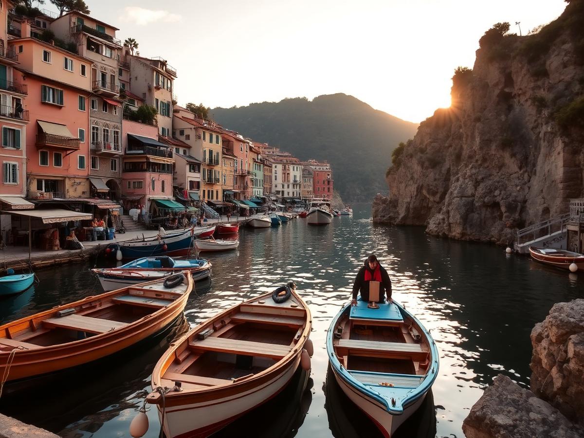 Pequeño puerto pesquero de Cinque Terre con barcas de madera