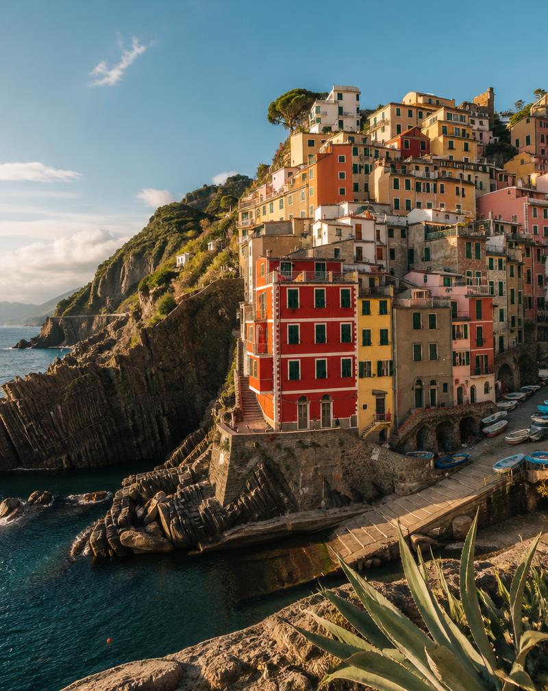 Casas coloridas apiladas en una colina en Cinque Terre, Italia