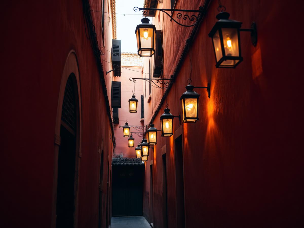 Callejón estrecho de la medina de Marrakech con faroles encendidos