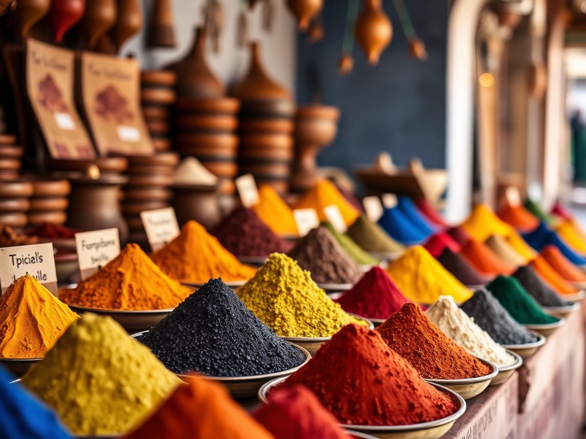 Puesto de especias con conos de pigmento de colores en un mercado marroquí
